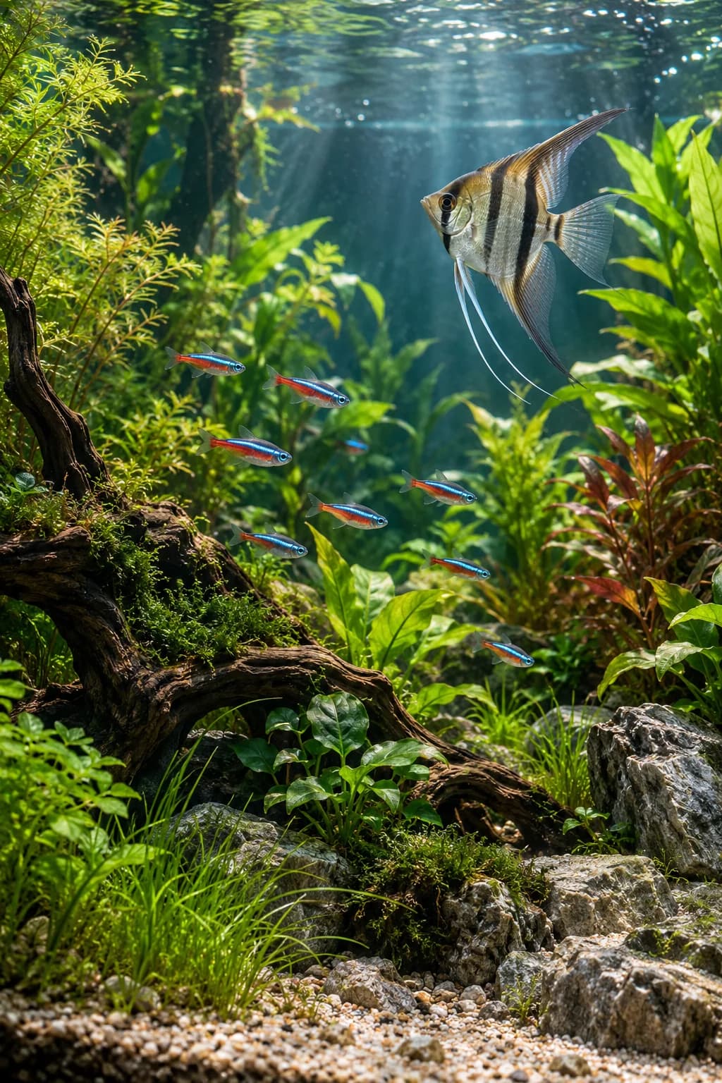 Healthy angelfish and tetras swimming through a clear planted freshwater aquarium