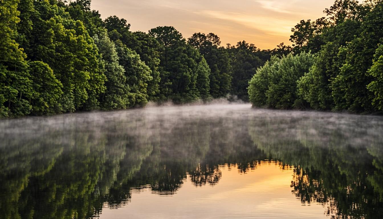 Serene misty lake surrounded by lush forest at sunrise